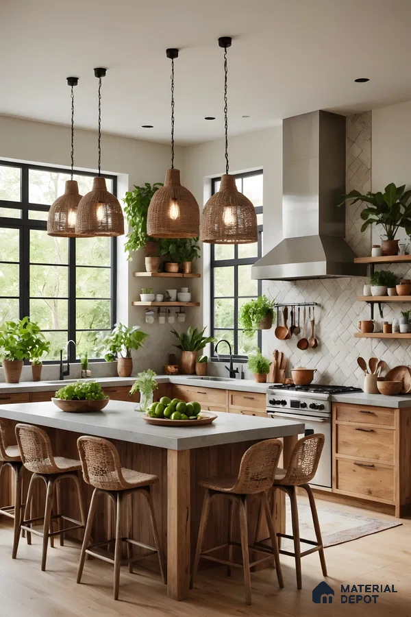 Bright & Airy Bohemian Kitchen Island With Concrete Countertop And Eco-Friendly Decor | Material Depot