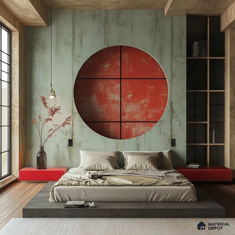 Bright and Airy Bedroom Design with Indoor Plants and Red and Green Wallpaper Purva Tivoli Hills Devanahalli | Material Depot