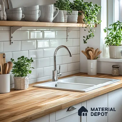 Bright and Airy Kitchen with Wood Countertops and White Subway Tiles | Material Depot