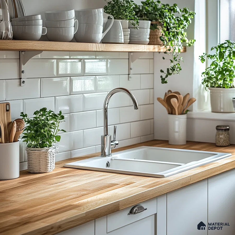 Bright and Airy Kitchen with Wood Countertops and White Subway Tiles | Material Depot