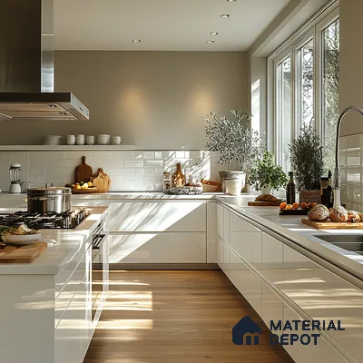 Bright and Airy Modern Kitchen with White Cabinets and Wood Accents | Material Depot