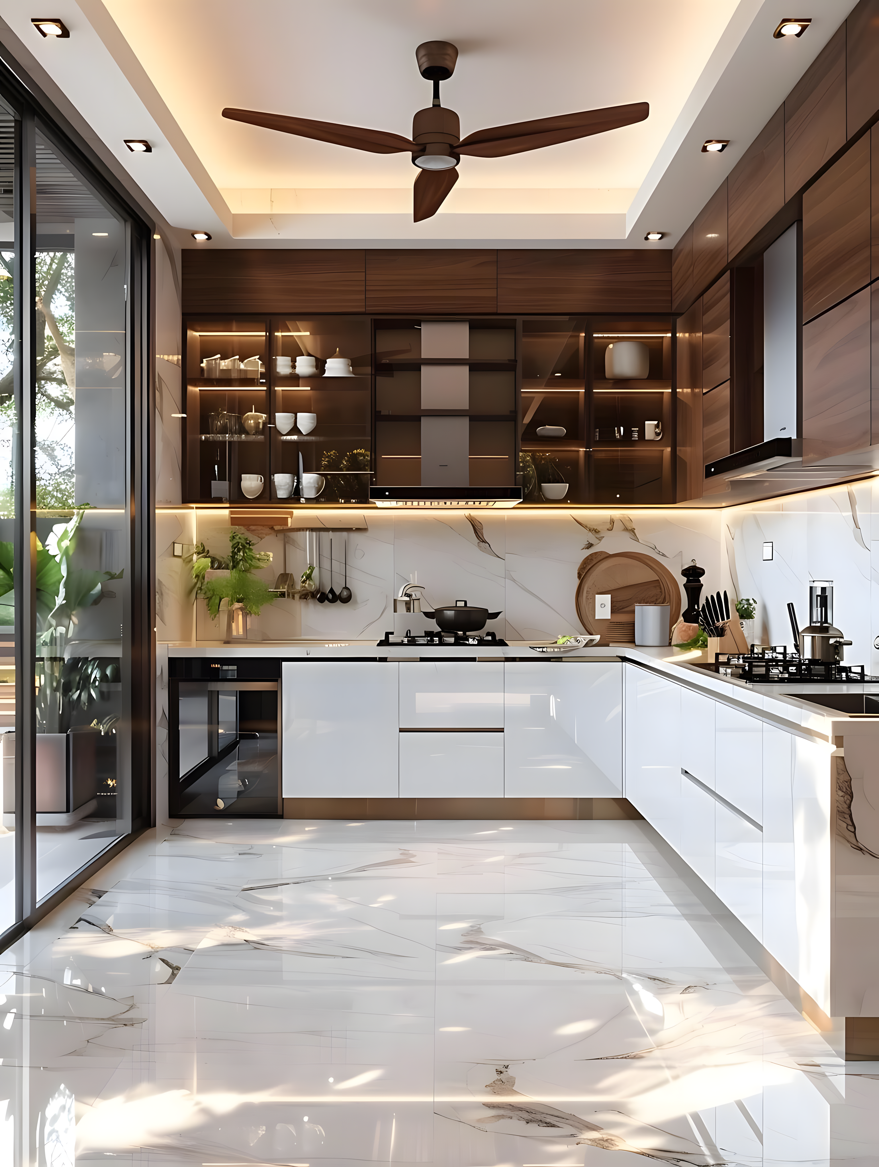 Bright And Airy U-Shaped Kitchen With Glossy Finishes And Outdoor View | Material Depot