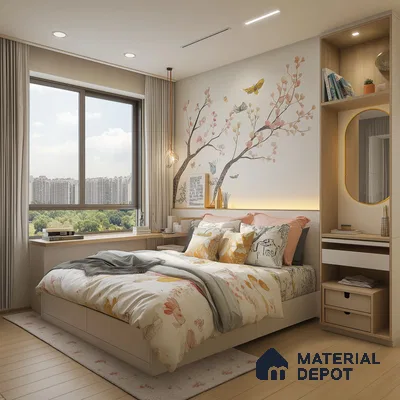 Bright and Cheerful Bedroom Design with Floral Mural and City View Brigade Orchards Devanahalli | Material Depot