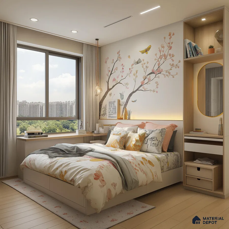 Bright and Cheerful Bedroom Design with Floral Mural and City View Brigade Orchards Devanahalli | Material Depot