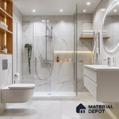 Bright and Minimalist Bathroom with Marble Tiles and Warm Lighting | Material Depot