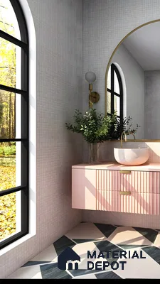 Bright Bathroom with Pink Vanity and Geometric Flooring | Material Depot