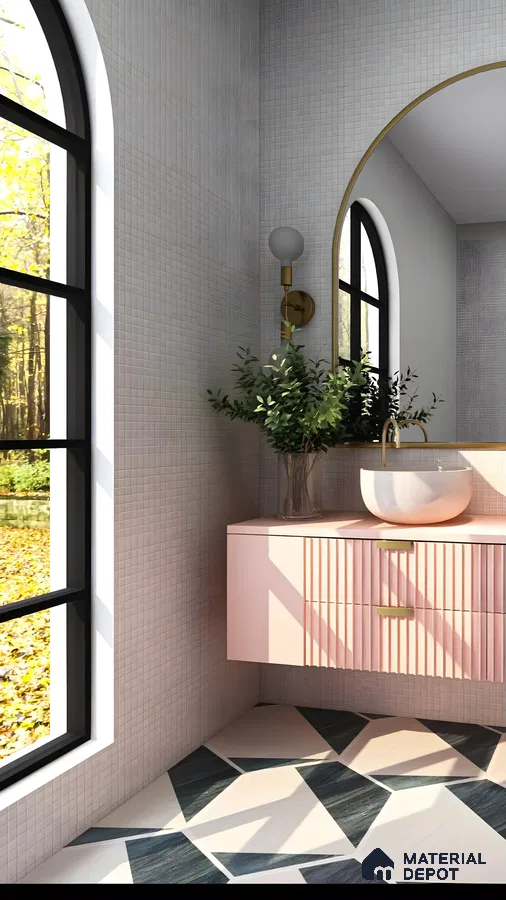 Bright Bathroom with Pink Vanity and Geometric Flooring | Material Depot
