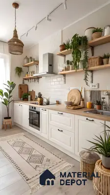 Bright Bohemian Farmhouse Kitchen: White Shaker Cabinets With Butcher Block Countertops & Gold Accents | Material Depot