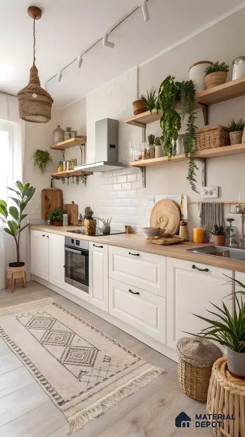 Bright Bohemian Farmhouse Kitchen: White Shaker Cabinets With Butcher Block Countertops & Gold Accents | Material Depot