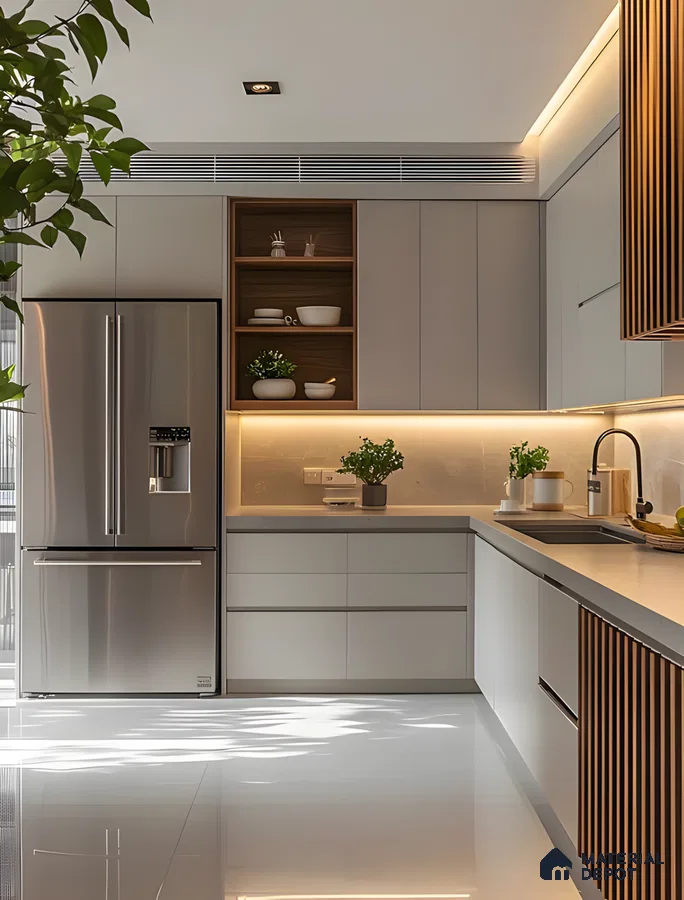 Bright Contemporary Kitchen With Built-In Lighting And Stainless Steel Appliances | Material Depot
