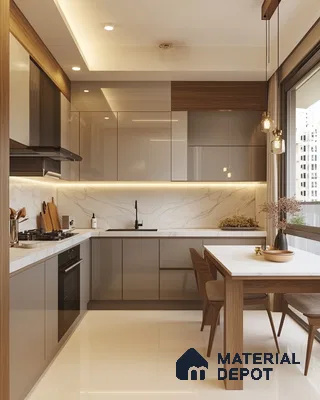 Bright Contemporary Kitchen with Neutral Laminates and Marble Textures | Material Depot