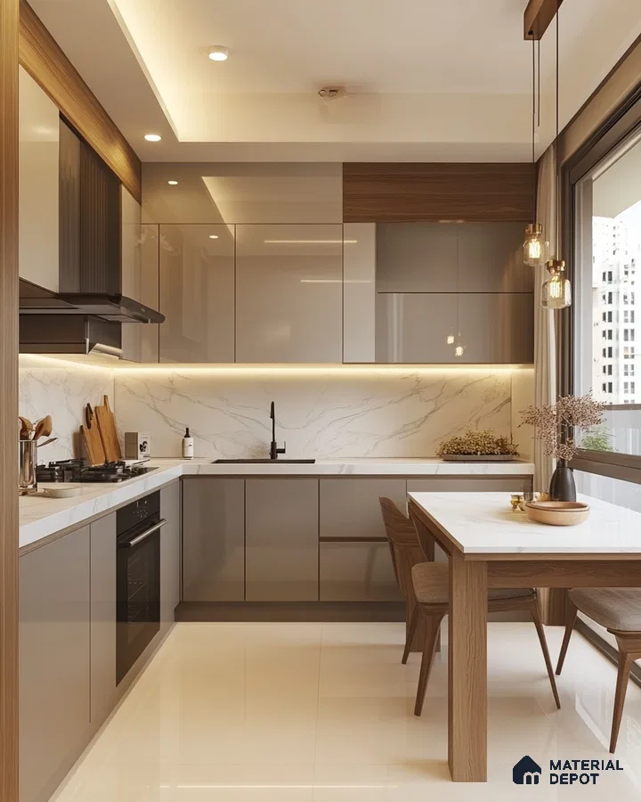 Bright Contemporary Kitchen with Neutral Laminates and Marble Textures | Material Depot