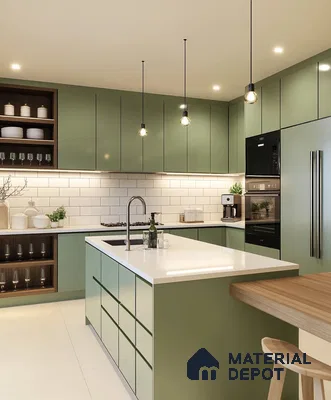 Bright Green Modern Kitchen with Subway Tile Backsplash | Material Depot