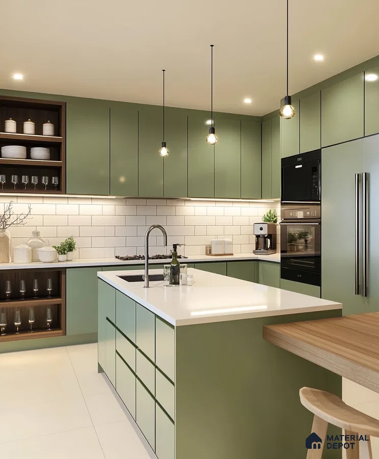 Bright Green Modern Kitchen with Subway Tile Backsplash | Material Depot