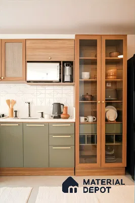 Bright Kitchen With Green Sleek Laminate | Material Depot