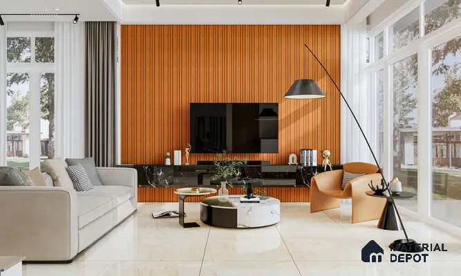 Bright Living Room with Burnt Orange Fluted TV Panel | Material Depot