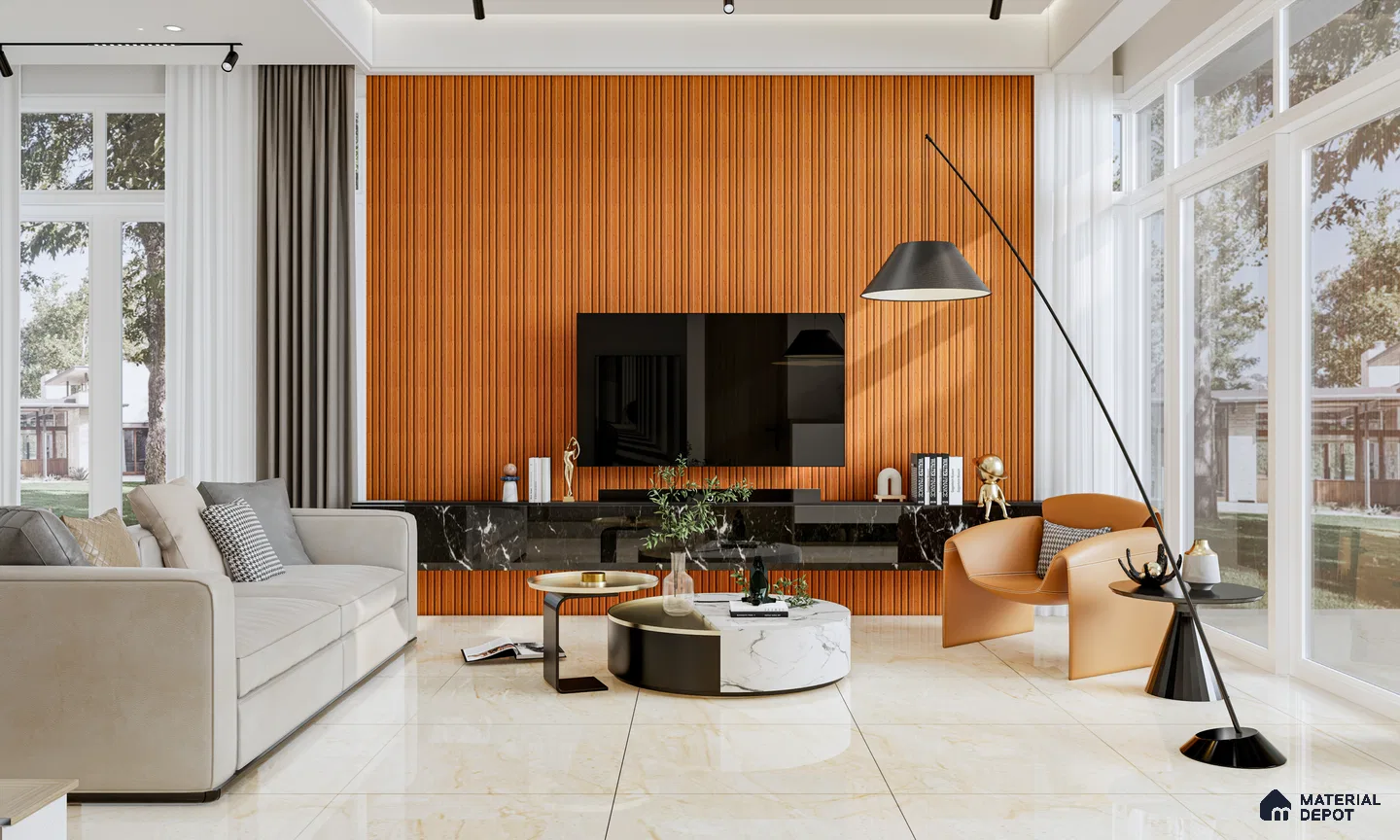 Bright Living Room with Burnt Orange Fluted TV Panel | Material Depot