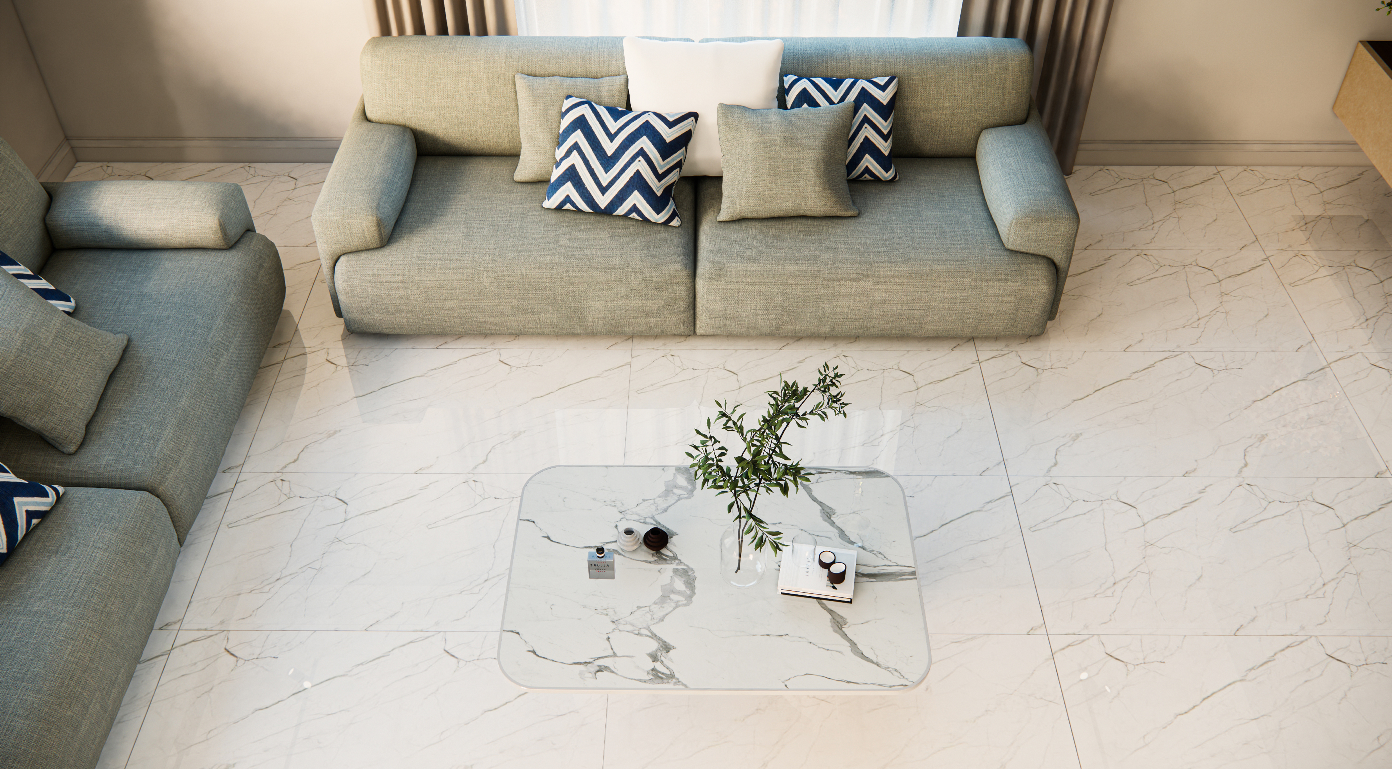 Bright Living Room with Marble Flooring and Blue-Grey Sofas | Material Depot