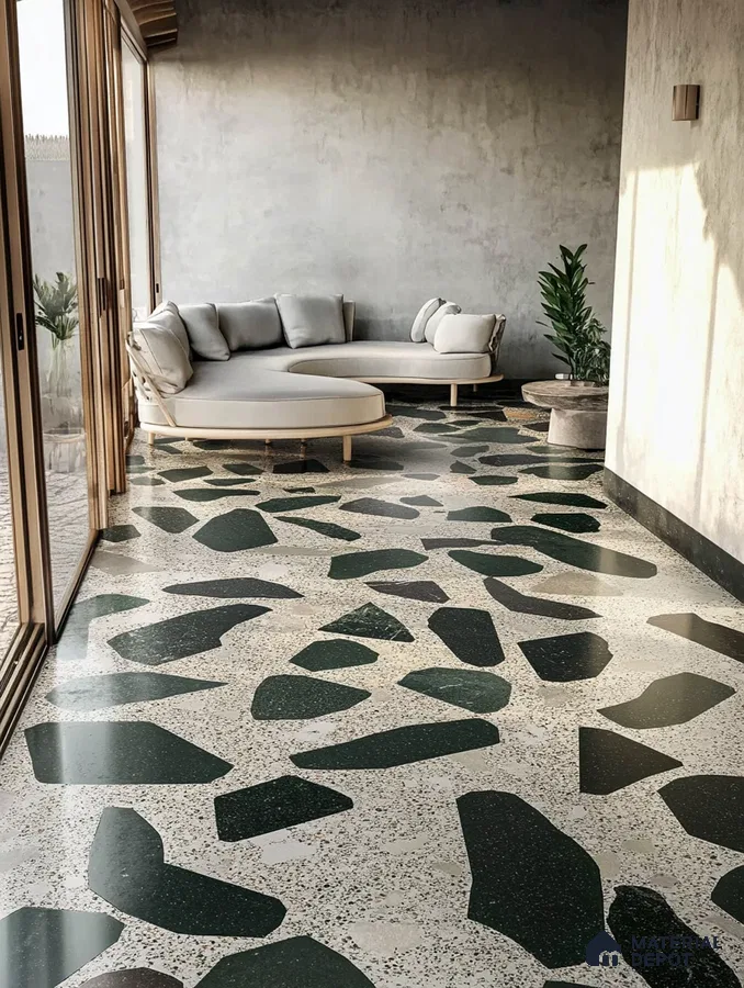 Contemporary Foyer with Full body kota tiles Terrazzo Flooring, Wooden Door, and Elegant Indoor Plant Decor | Material Depot
