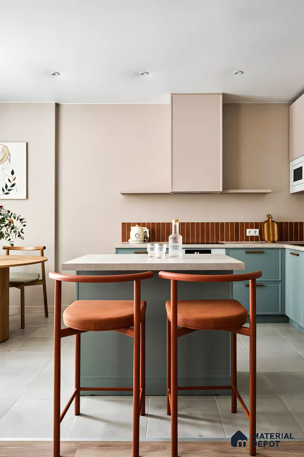 Bright Matte Kitchen With Red Small Tiles | Material Depot