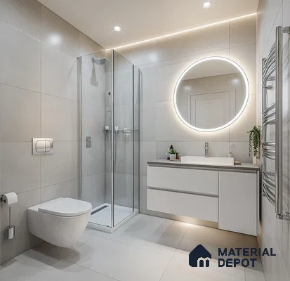 Bright Minimalism: Sleek and Functional Bathroom with Stylish Circular Mirror | Material Depot