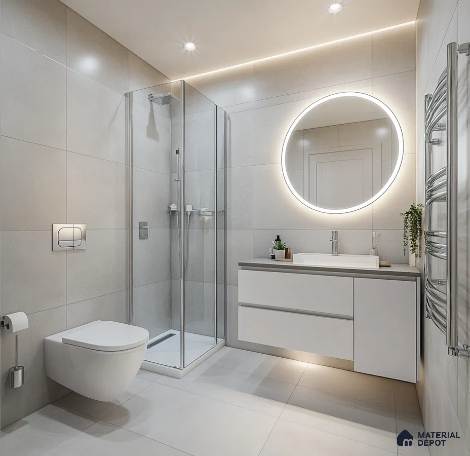 Bright Minimalism: Sleek and Functional Bathroom with Stylish Circular Mirror | Material Depot