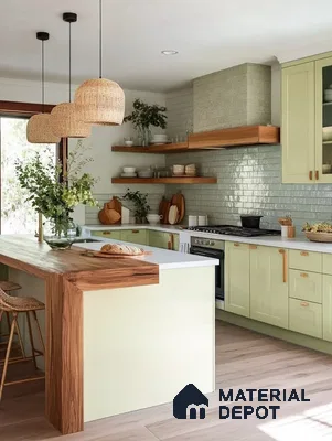 Bright Modern Kitchen with Pastel Green Cabinets and Natural Wood Accents | Material Depot