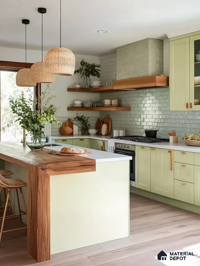 Bright Modern Kitchen with Pastel Green Cabinets and Natural Wood Accents | Material Depot
