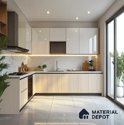 Bright Modern Kitchen with Wooden Laminates and Marble Backsplash | Material Depot