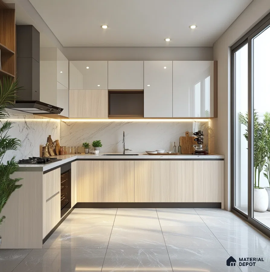 Bright Modern Kitchen with Wooden Laminates and Marble Backsplash | Material Depot
