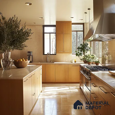 Bright Natural Wood Kitchen with Beige Countertops and Large Windows | Material Depot