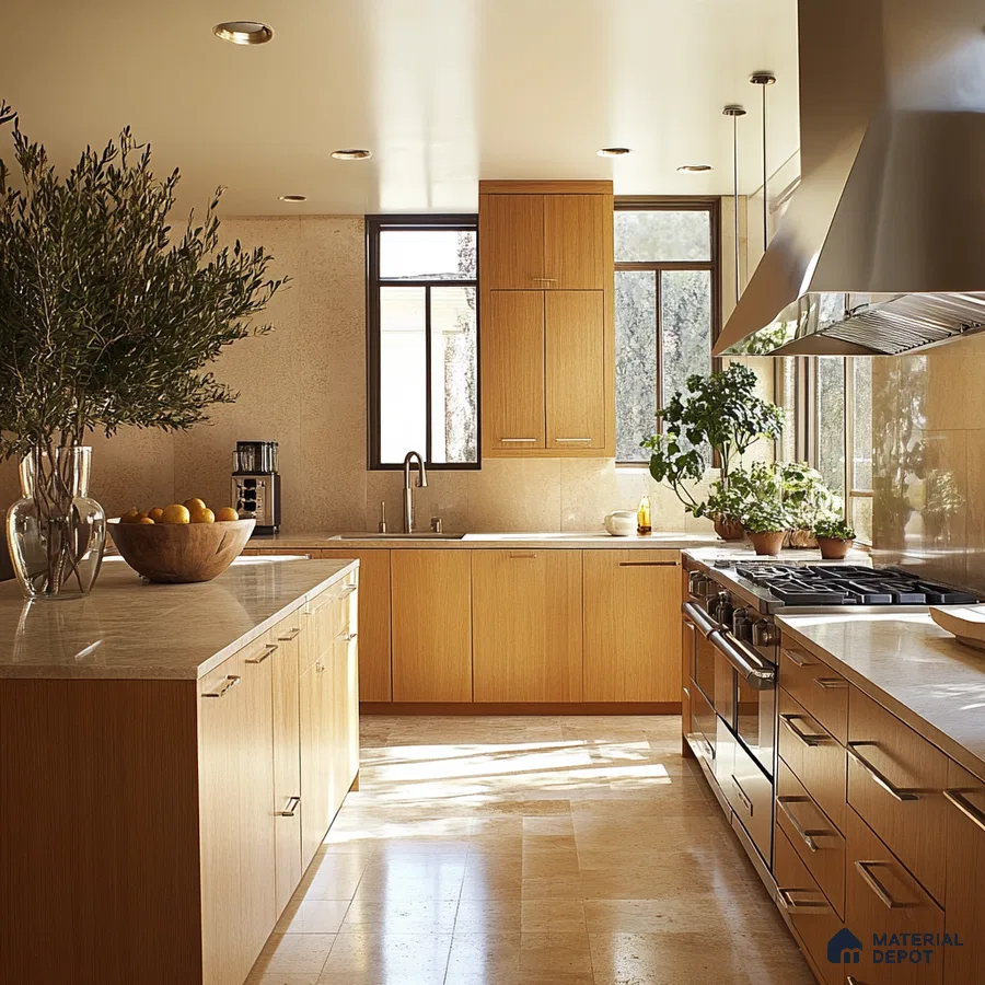 Bright Natural Wood Kitchen with Beige Countertops and Large Windows | Material Depot