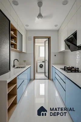 Bright Parallel Kitchen with Blue–White Finish, Subway Tile Backsplash & Utility Access in Prestige Misty Waters Hebbal | Material Depot