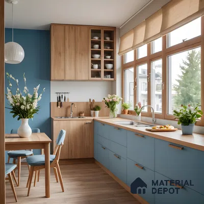 Bright Scandinavian Kitchen With Blue And Wood Accents | Material Depot