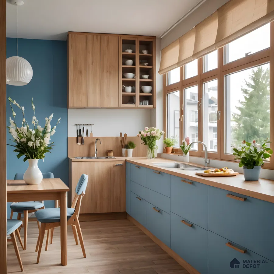 Bright Scandinavian Kitchen With Blue And Wood Accents | Material Depot
