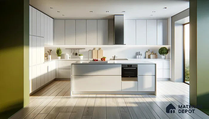 Bright White Modern Kitchen with Touch of Cane Laminates | Material Depot