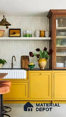 Bright Yellow Kitchen Cabinets With Ceramic Sink | Material Depot