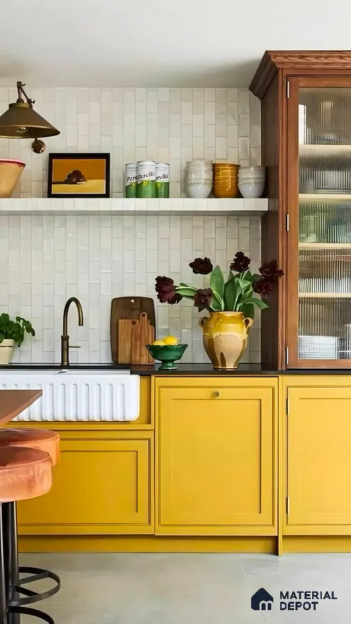 Bright Yellow Kitchen Cabinets With Ceramic Sink | Material Depot
