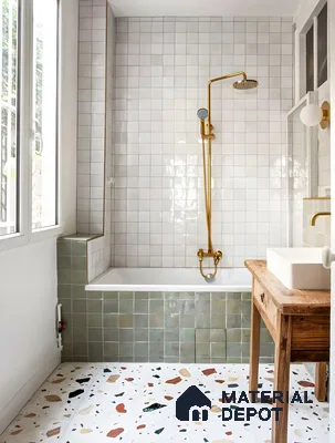 Brightly Illuminated Bathroom Oasis with Subtle Hues and Rustic Touches | Material Depot