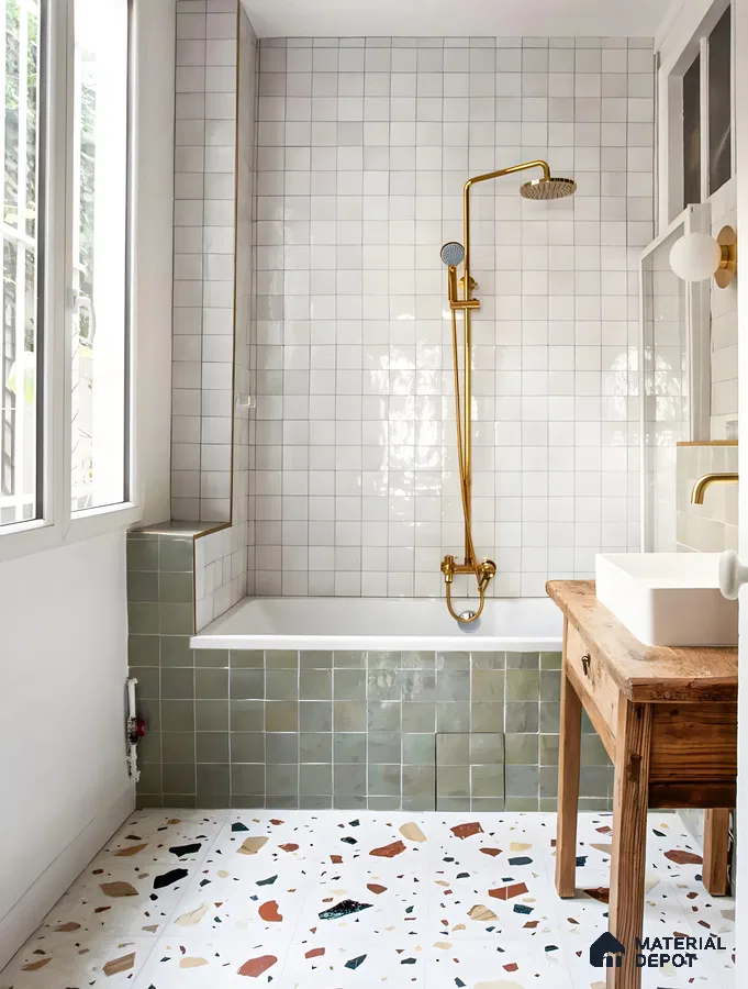 Brightly Illuminated Bathroom Oasis with Subtle Hues and Rustic Touches | Material Depot