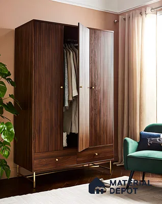 Brown Fluted Wardrobe with Gold Handles | Material Depot