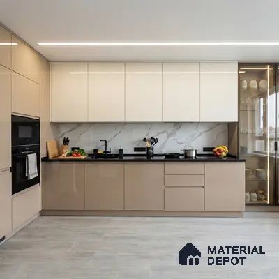 Modern kitchen with beige and frosty white high gloss laminate, marble-look backsplash, and light wood floor tile
