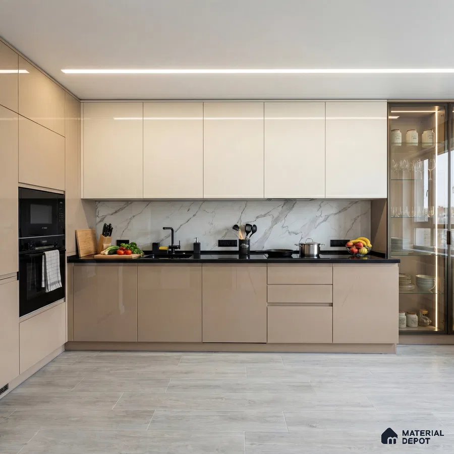 Modern kitchen with beige and frosty white high gloss laminate, marble-look backsplash, and light wood floor tile