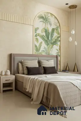 Calm Beige Bedroom with Tropical Arch Wallpaper Accent & Warm Brass Lighting in Prestige Misty Waters Hebbal | Material Depot
