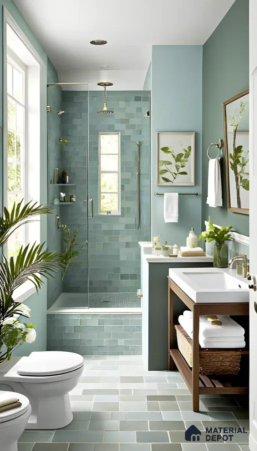 Calming Sage Green Bathroom with Walk-in Shower | Material Depot