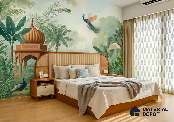 Calming Tropical Bedroom featuring Hand-Painted Mural, Curved Cane Headboard & Wooden Bed Frame | Material Depot