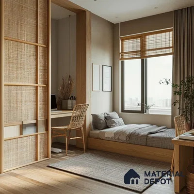 Cane and Natural Bedroom Design with Platform Bed and full wooden interior Arvind Bel Air Yelahanka | Material Depot