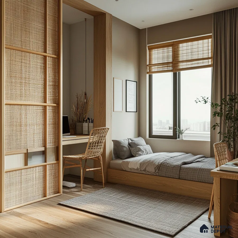 Cane and Natural Bedroom Design with Platform Bed and full wooden interior Arvind Bel Air Yelahanka | Material Depot