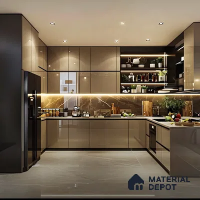 Cappuccino themed Modern Kitchen with Marble Accents and LED Lighting | Material Depot