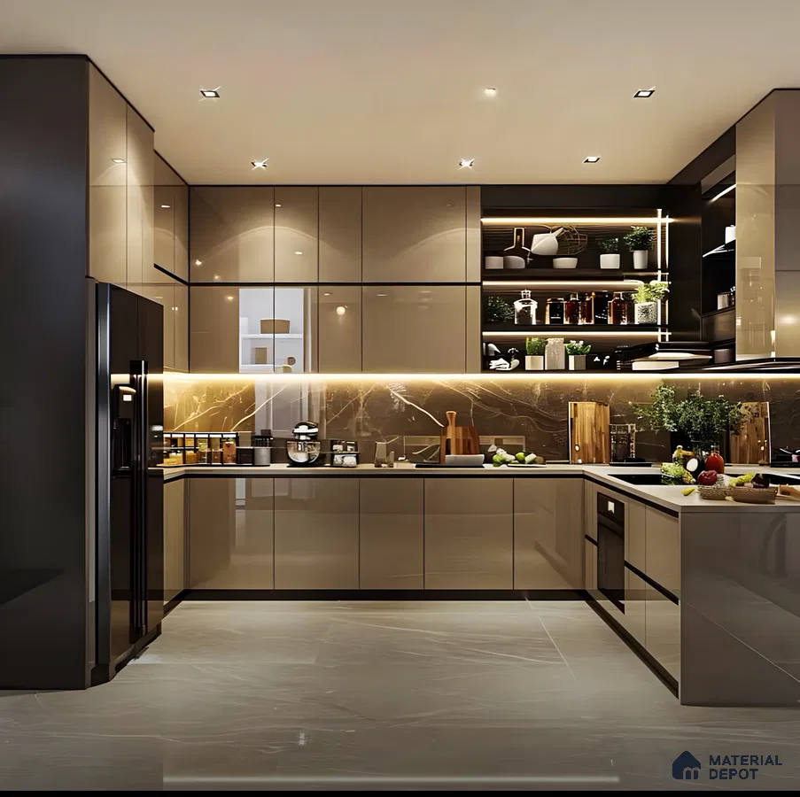 Cappuccino themed Modern Kitchen with Marble Accents and LED Lighting | Material Depot